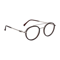 OS Brooklyn 81106 classic round brow bar prescription eyeglasses in brown and silver, angled view