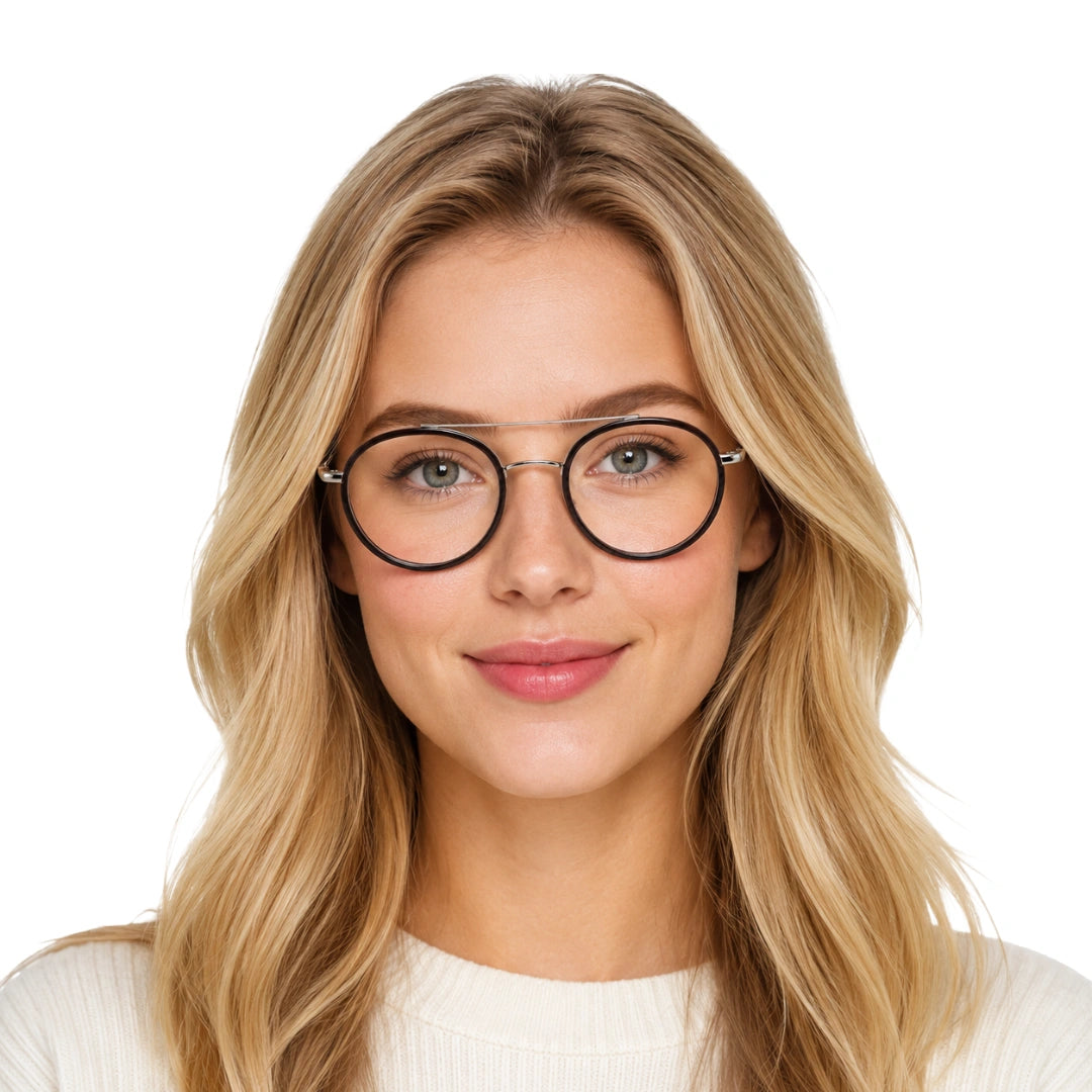 Woman wearing OS Brooklyn 81106 classic round brow bar prescription eyeglasses in brown and silver