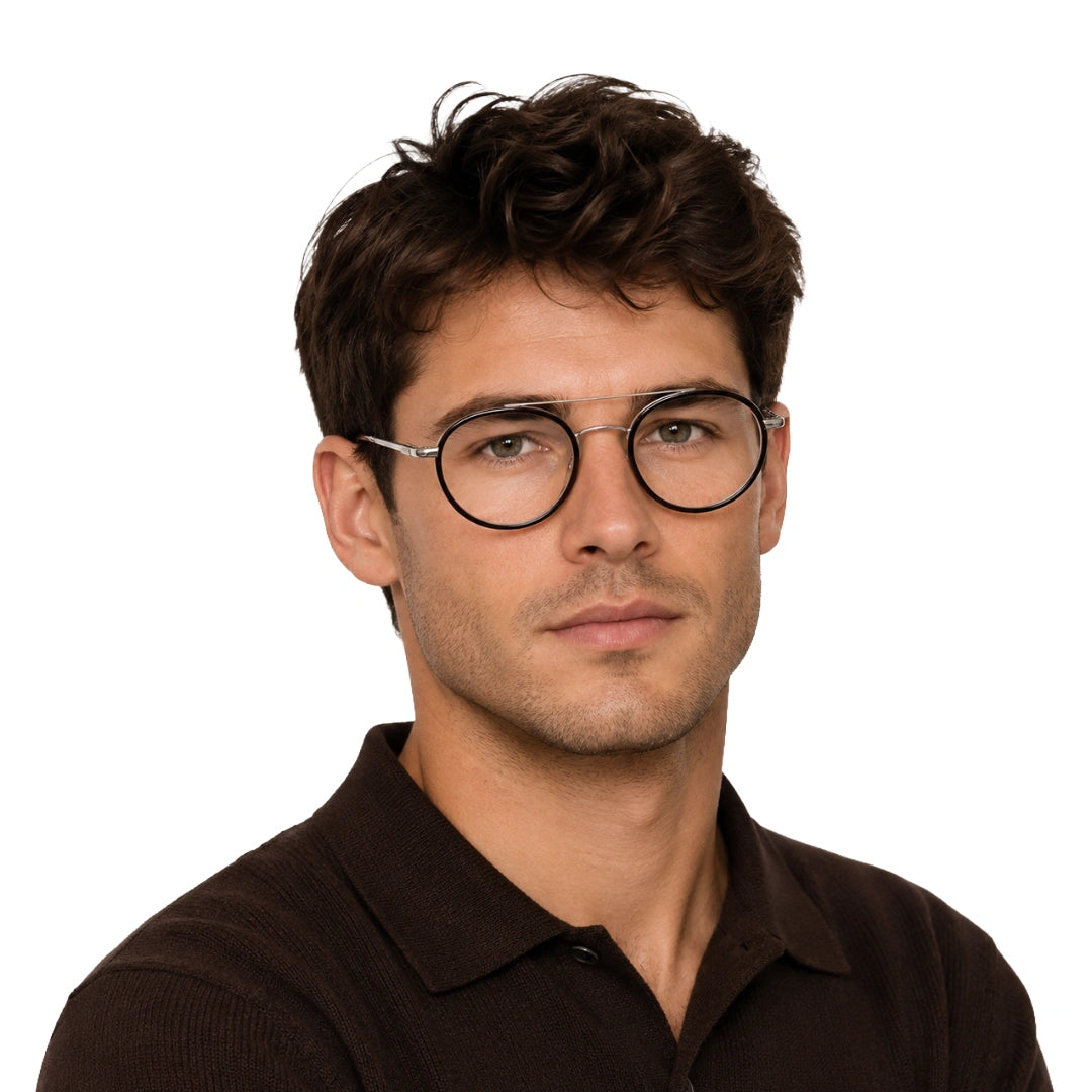 Man wearing OS Brooklyn 81106 classic round brow bar prescription eyeglasses in brown and silver