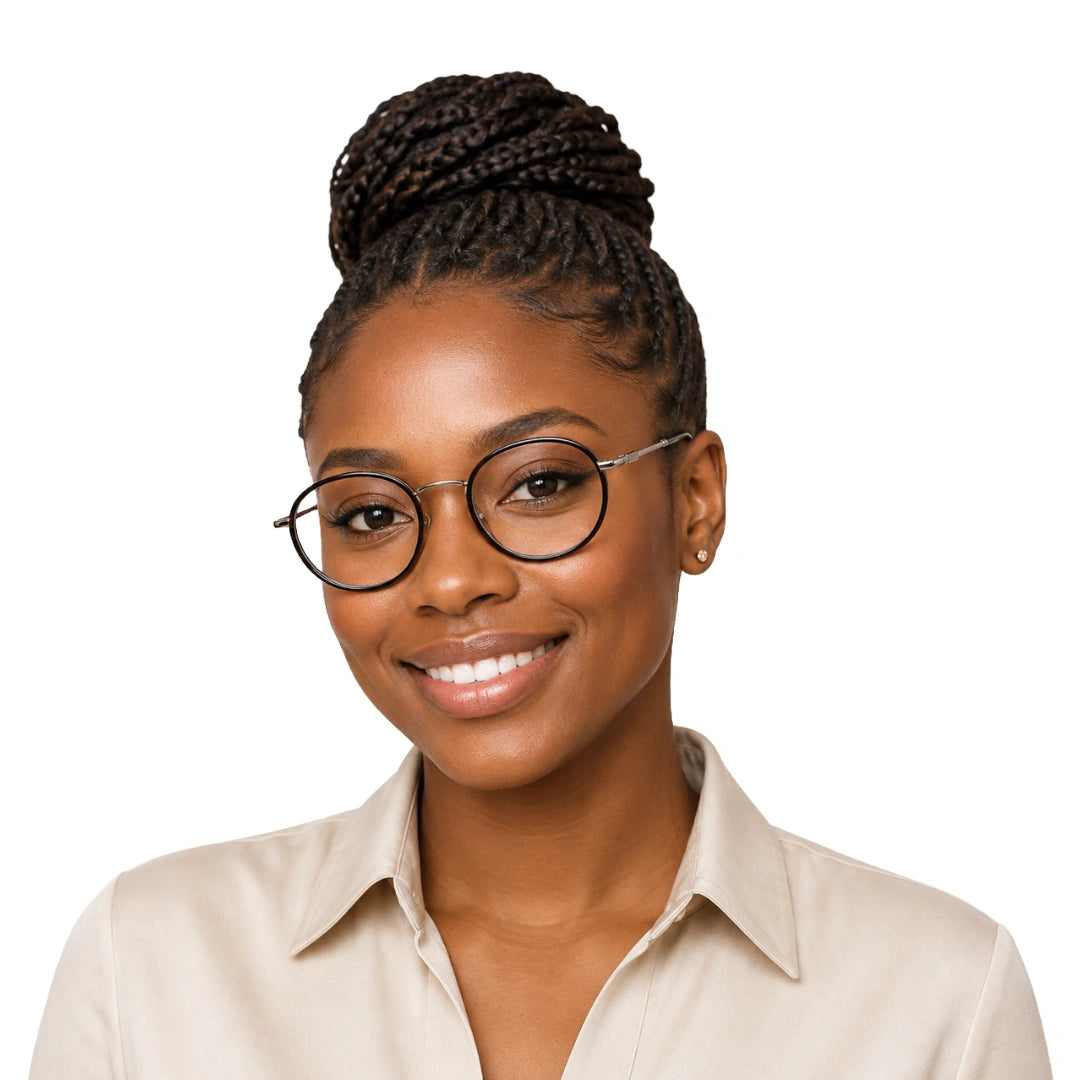Woman wearing OS Brooklyn 81106 classic round brow bar prescription eyeglasses in brown and silver, front view