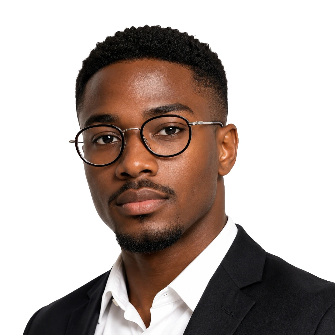 Man wearing OS Brooklyn 81106 classic round brow bar prescription eyeglasses in brown and silver, front view