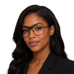 Woman wearing OS Brooklyn 81107 navigator brow bar prescription eyeglasses in black