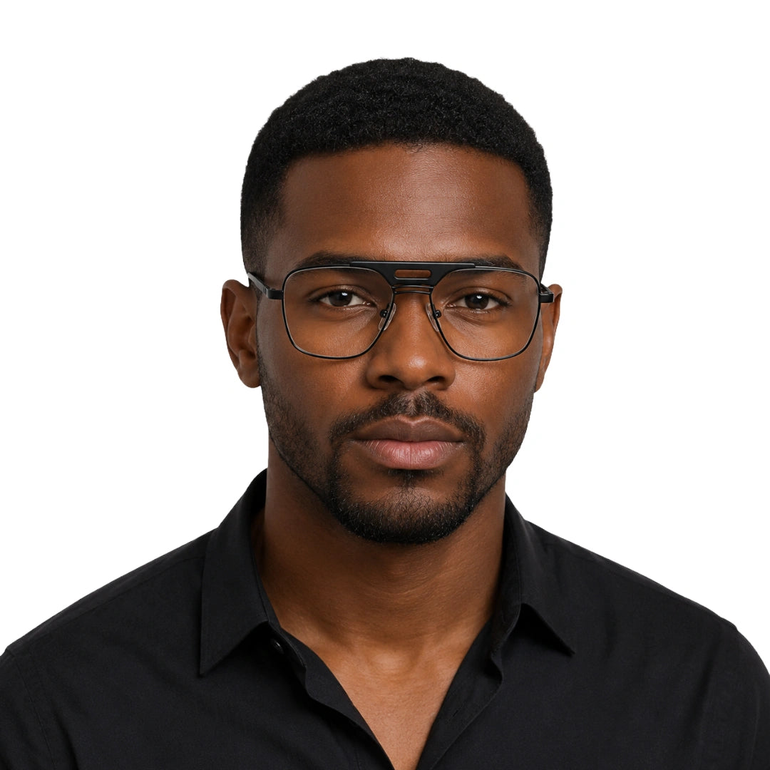 Man wearing OS Brooklyn 81107 navigator brow bar prescription eyeglasses in black