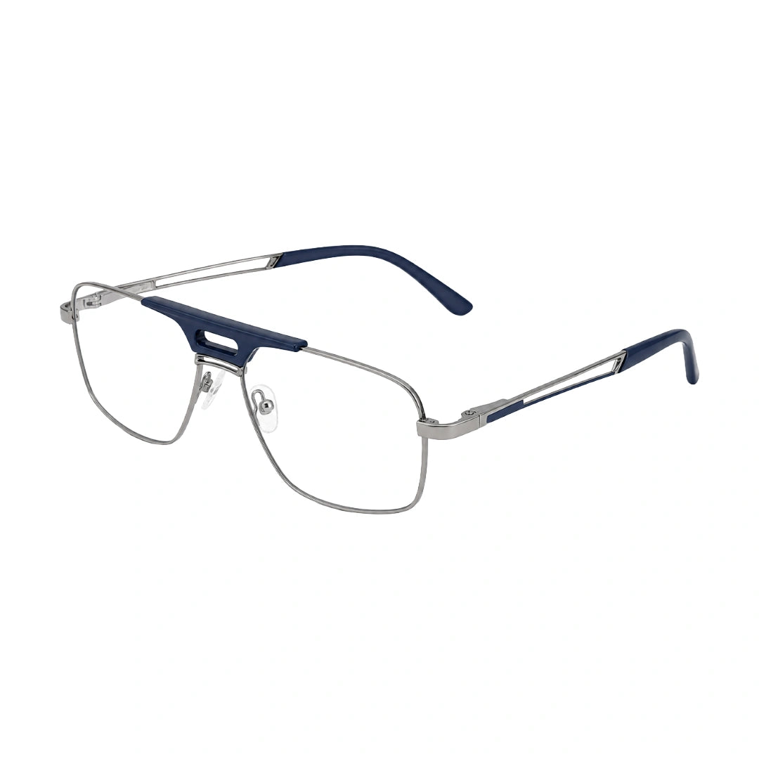 OS Brooklyn 81107 navigator brow bar prescription eyeglasses in blue and gunmetal, three-quarter angled view
