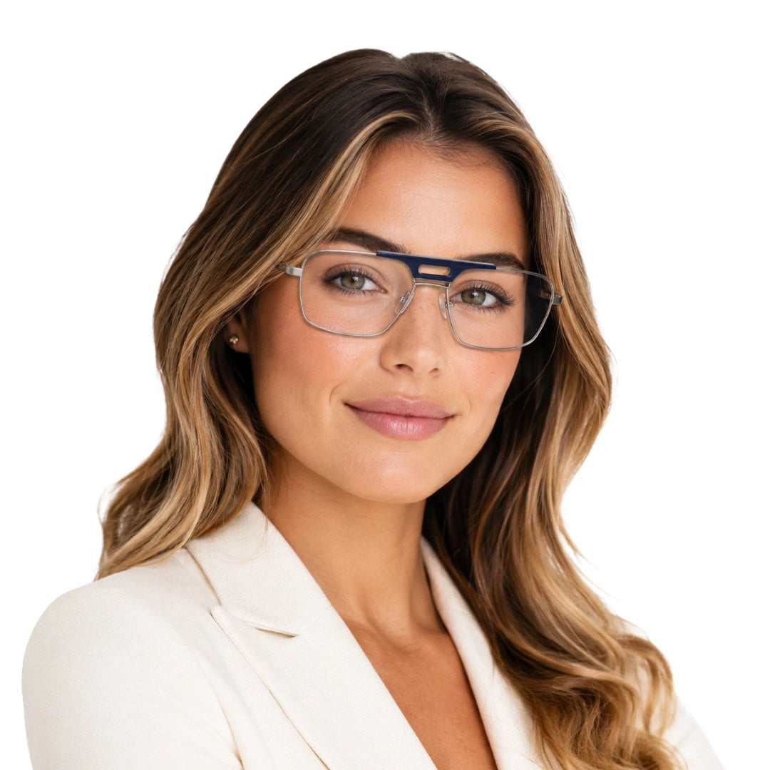 Woman wearing OS Brooklyn 81107 navigator brow bar prescription eyeglasses in blue and gunmetal