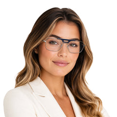 Woman wearing OS Brooklyn 81107 navigator brow bar prescription eyeglasses in blue and gunmetal