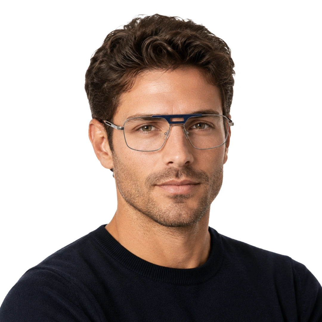 Man wearing OS Brooklyn 81107 navigator brow bar prescription eyeglasses in blue and gunmetal