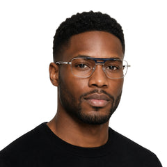 Man wearing OS Brooklyn 81107 navigator brow bar prescription eyeglasses in blue and gunmetal, front view
