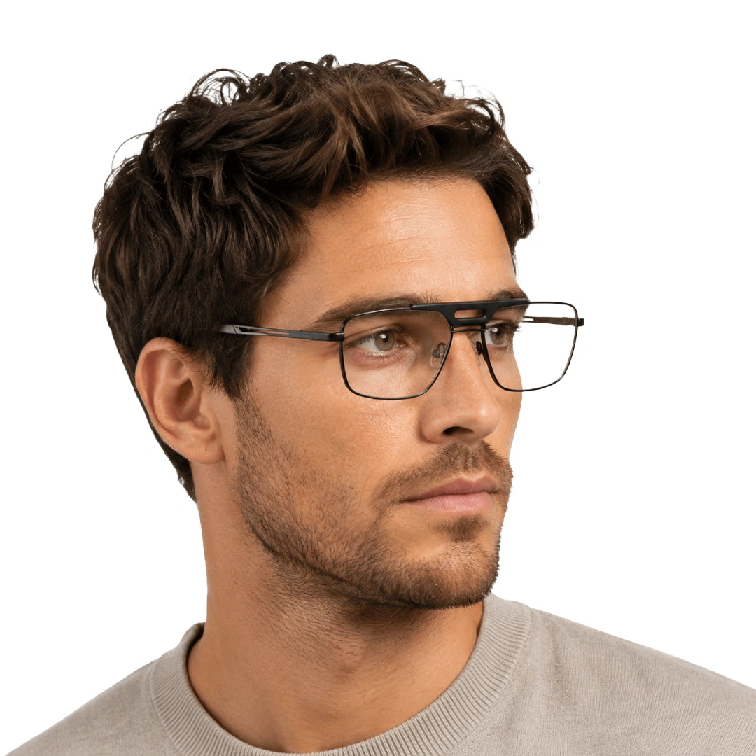 Man wearing OS Brooklyn 81107 navigator brow bar prescription eyeglasses in brown