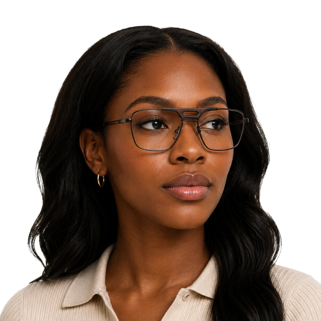 Woman wearing OS Brooklyn 81107 navigator brow bar prescription eyeglasses in brown, front view