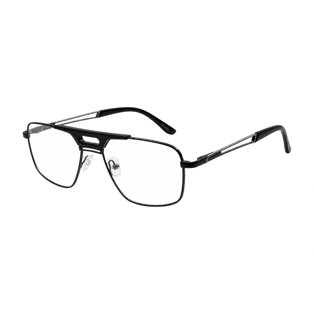 OS Brooklyn 81107 navigator brow bar prescription eyeglasses in gunmetal and black, three-quarter angled view