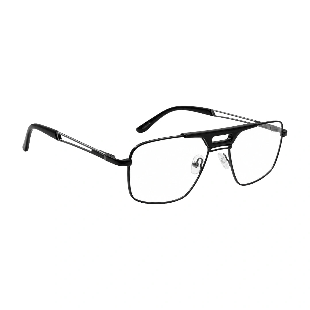 OS Brooklyn 81107 navigator brow bar prescription eyeglasses in gunmetal and black, angled view