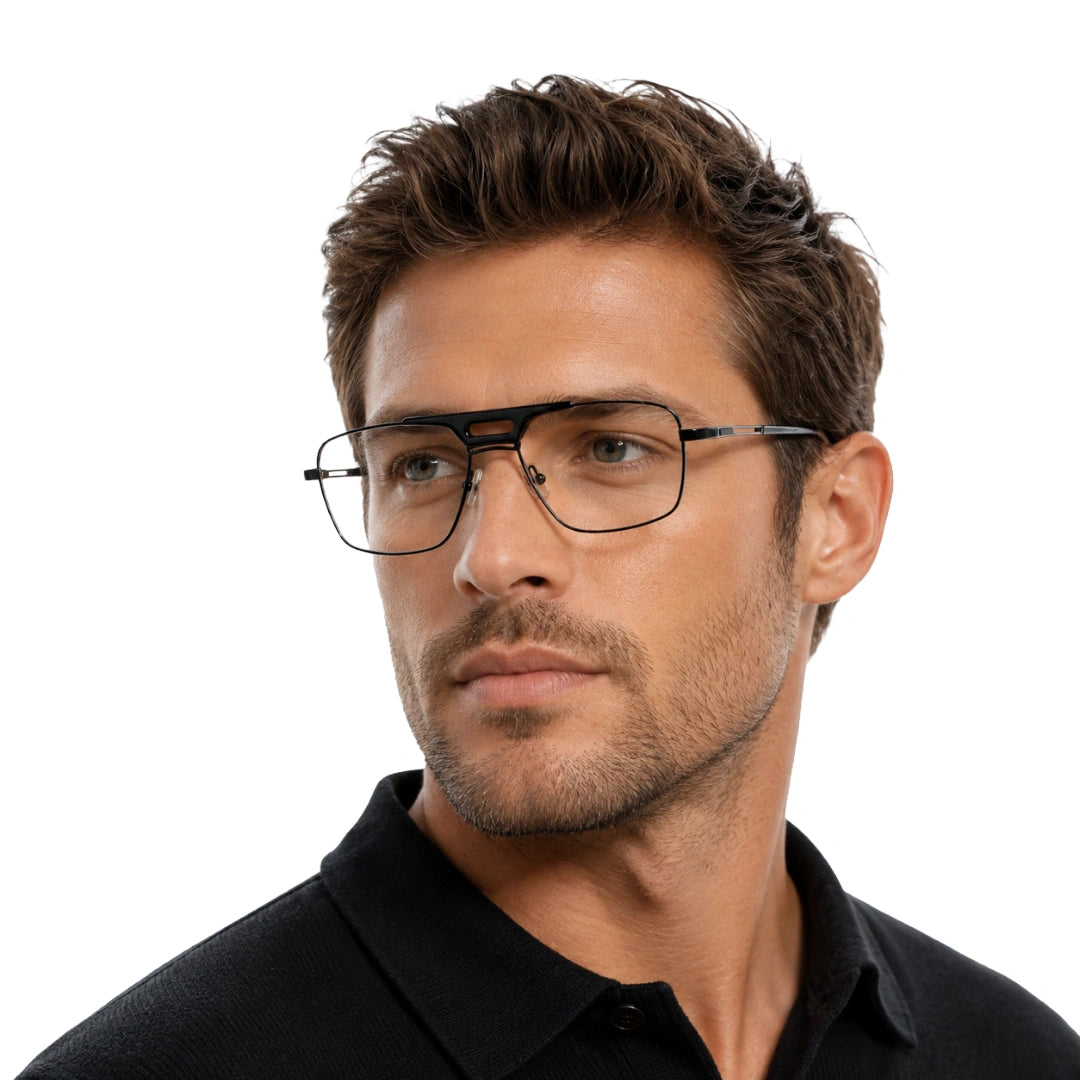 Man wearing OS Brooklyn 81107 navigator brow bar prescription eyeglasses in gunmetal and black