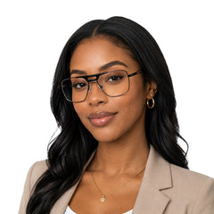 Woman wearing OS Brooklyn 81107 navigator brow bar prescription eyeglasses in gunmetal and black, front view