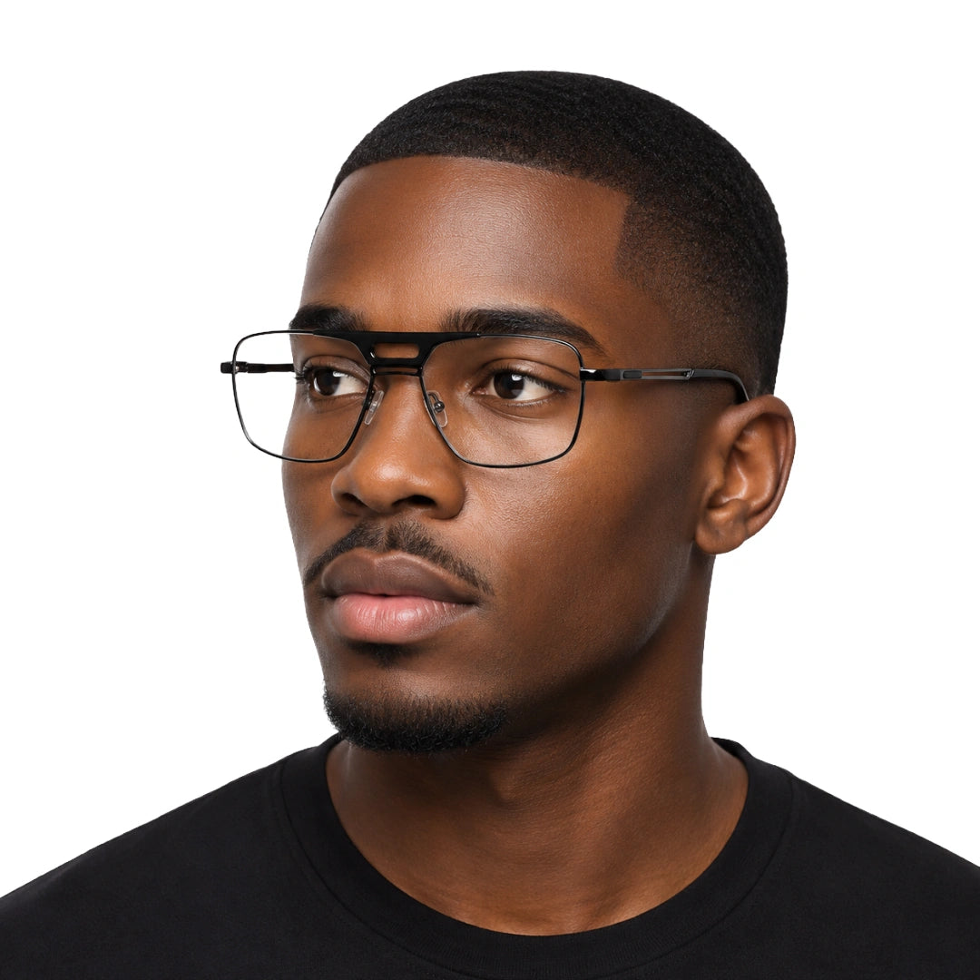 Man wearing OS Brooklyn 81107 navigator brow bar prescription eyeglasses in gunmetal and black, front view