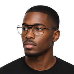 Man wearing OS Brooklyn 81107 navigator brow bar prescription eyeglasses in gunmetal and black, front view