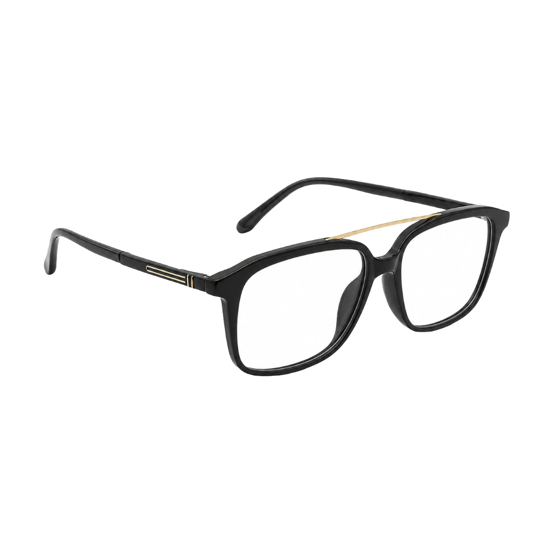 OS Brooklyn 81110 navigator rectangle prescription eyeglasses in black and gold, angled view