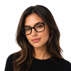 Woman wearing OS Brooklyn 81110 navigator rectangle prescription eyeglasses in black and gold