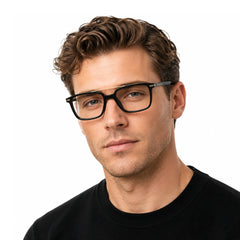 Man wearing OS Brooklyn 81110 navigator rectangle prescription eyeglasses in black and gold