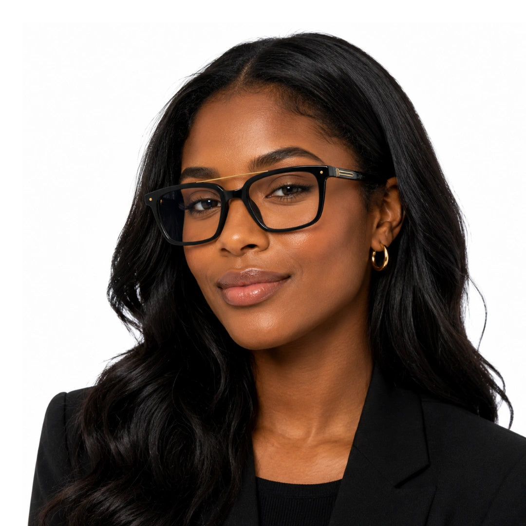 Woman wearing OS Brooklyn 81110 navigator rectangle prescription eyeglasses in black and gold, front view