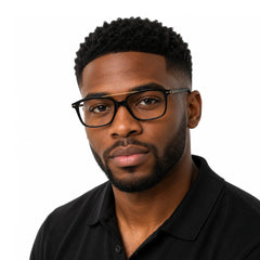 Man wearing OS Brooklyn 81110 navigator rectangle prescription eyeglasses in black and gold, front view