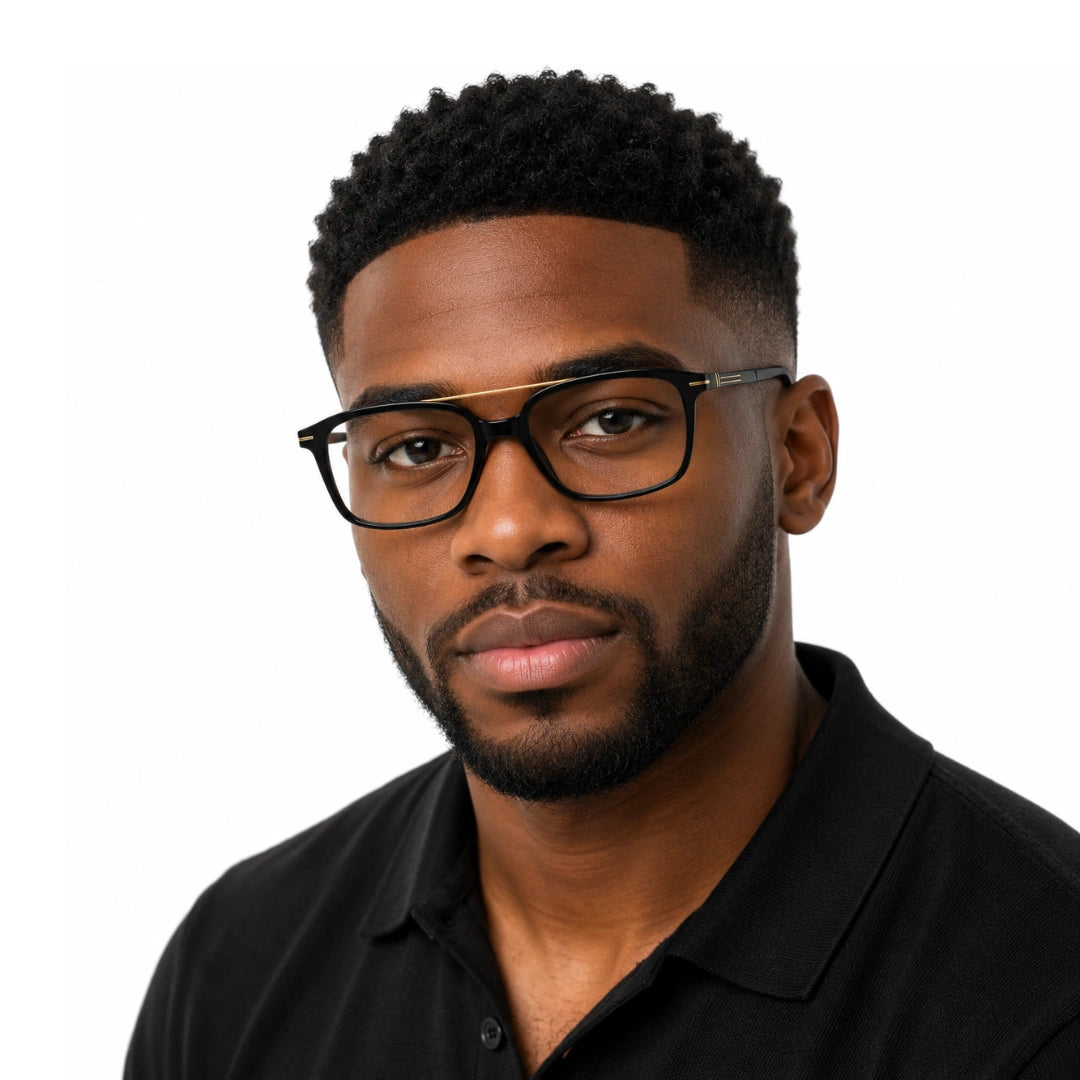 Man wearing OS Brooklyn 81110 navigator rectangle prescription eyeglasses in black and gold, front view