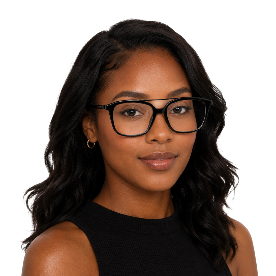Woman wearing OS Brooklyn 81110 navigator rectangle prescription eyeglasses in black
