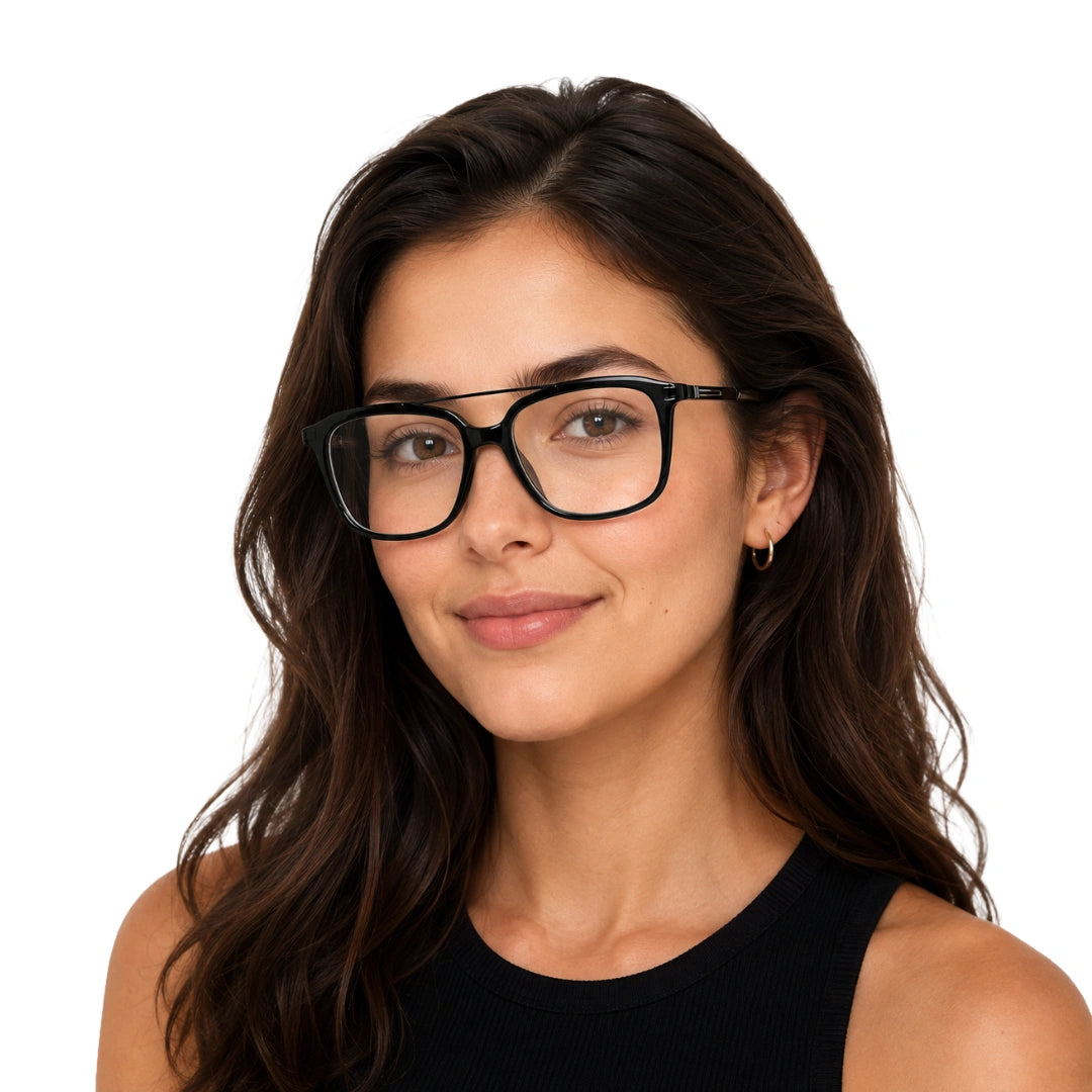 Woman wearing OS Brooklyn 81110 navigator rectangle prescription eyeglasses in black, front view