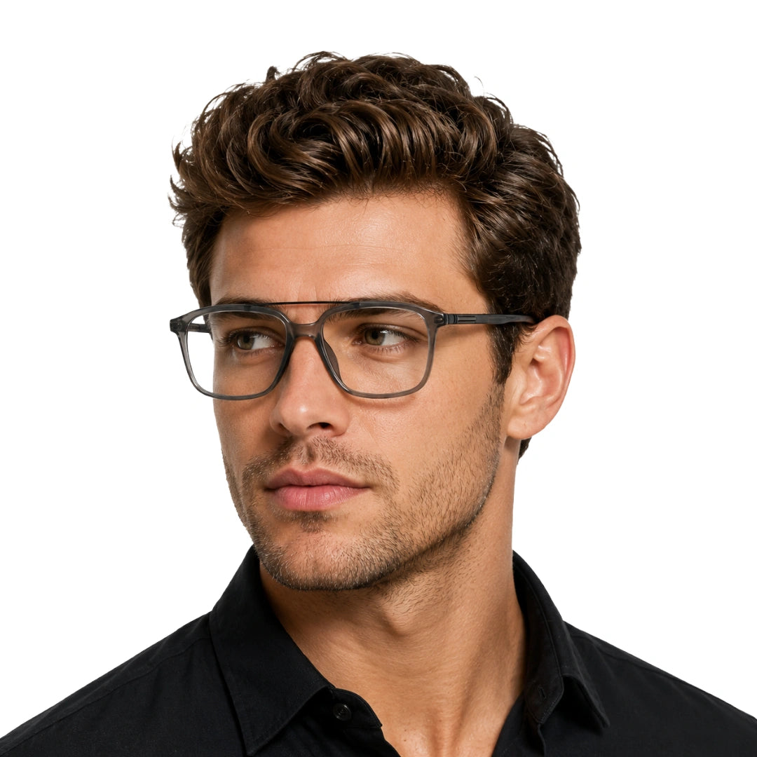 Man wearing OS Brooklyn 81110 navigator rectangle prescription eyeglasses in grey, front view