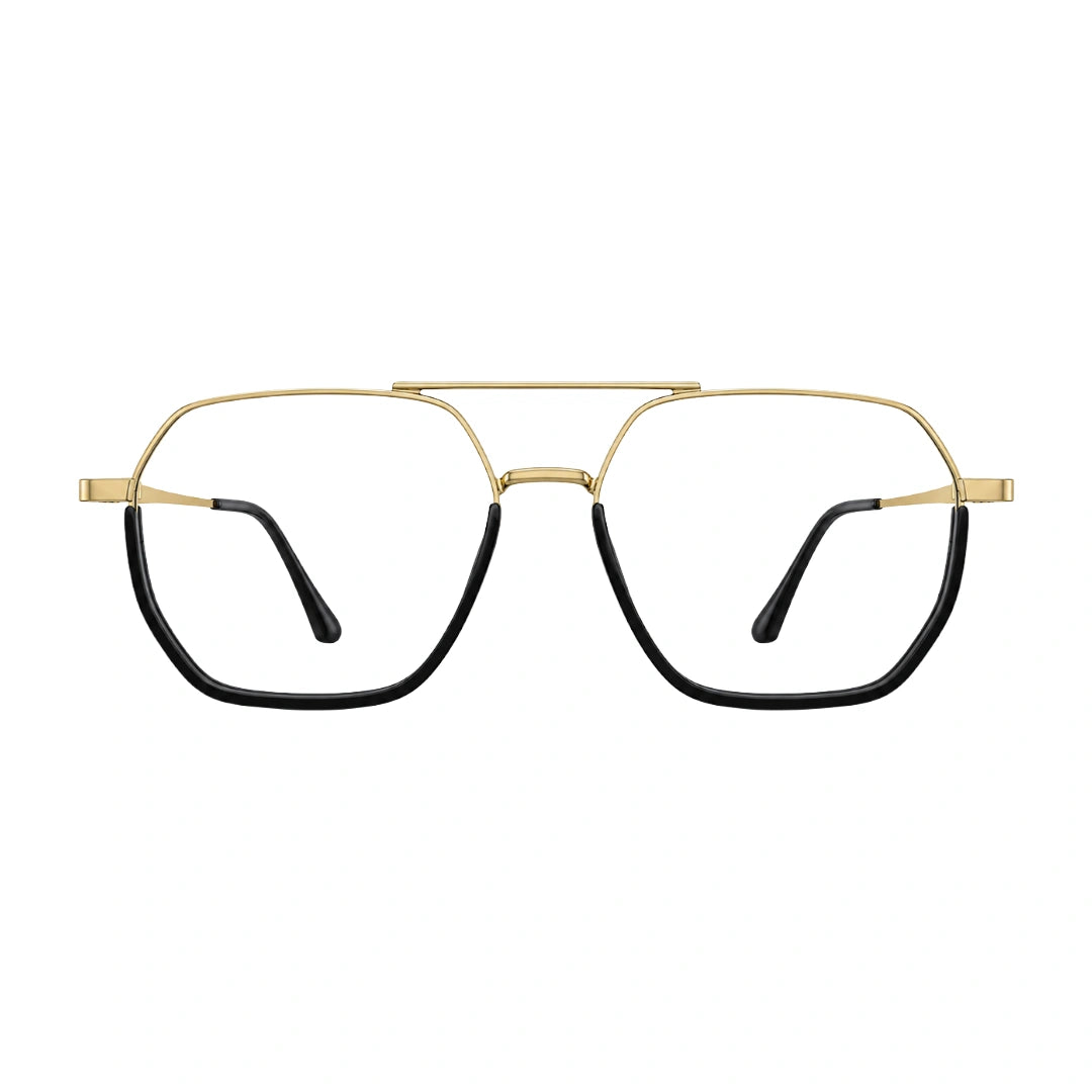 College Fashion 66101 geometric square double bridge prescription eyeglasses in black and gold, front view