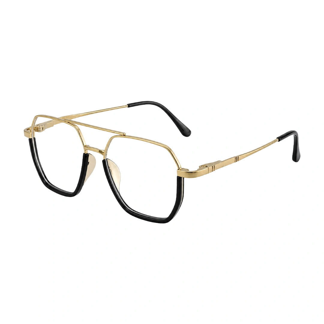 College Fashion 66101 geometric square double bridge prescription eyeglasses in black and gold, three-quarter angled view