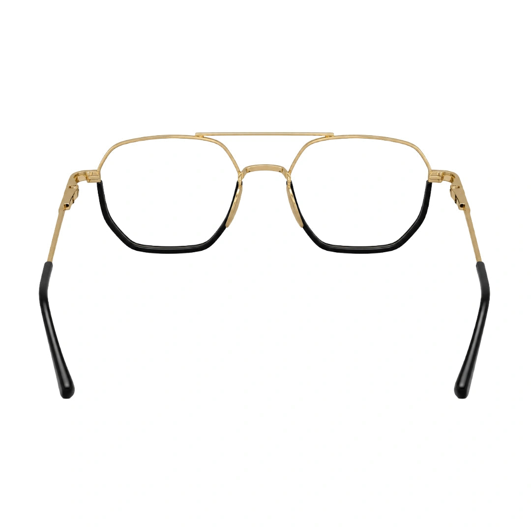 College Fashion 66101 geometric square double bridge prescription eyeglasses in black and gold, rear view