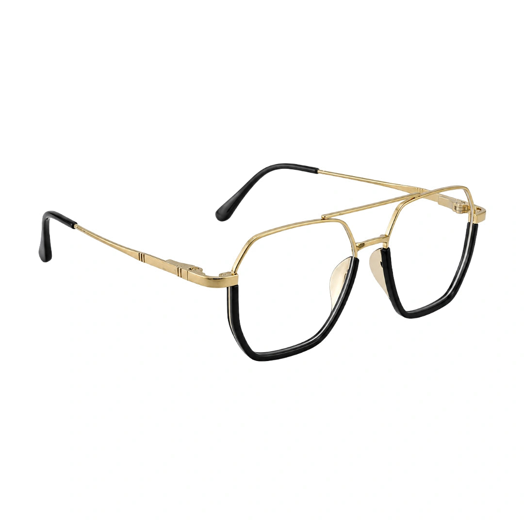 College Fashion 66101 geometric square double bridge prescription eyeglasses in black and gold, angled view