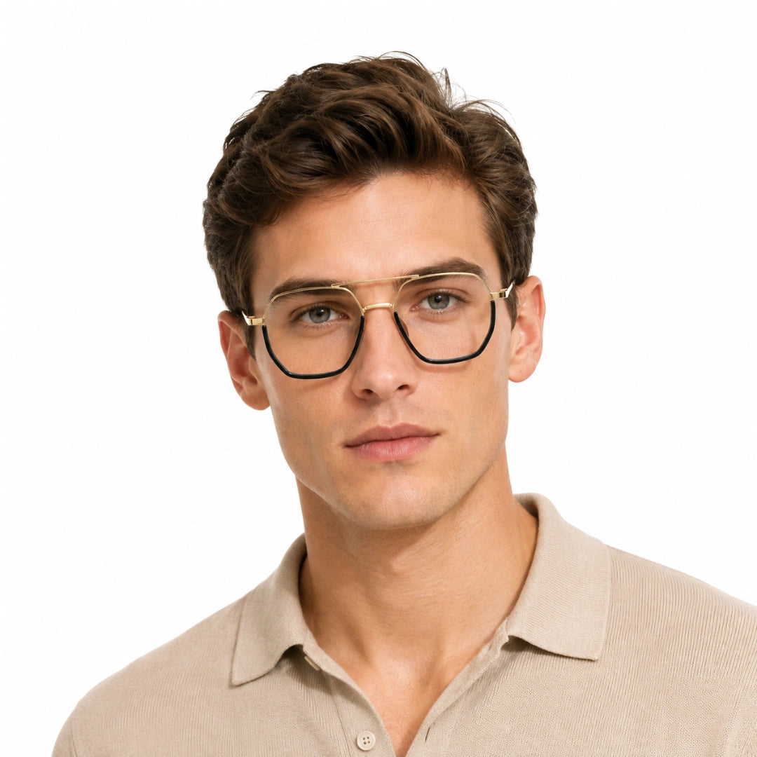 Man wearing College Fashion 66101 geometric square double bridge prescription eyeglasses in black and gold