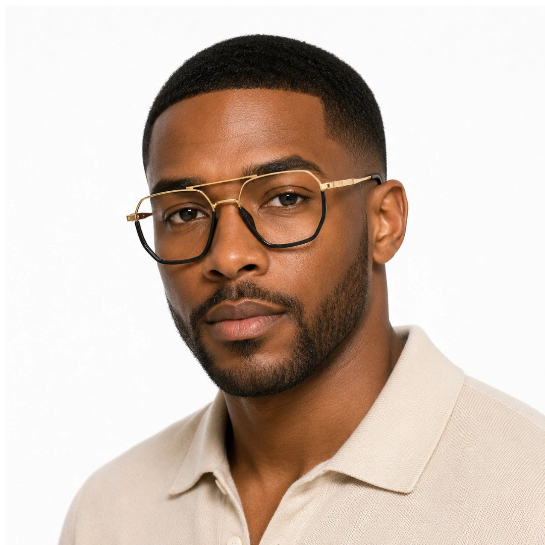 Man wearing College Fashion 66101 geometric square double bridge prescription eyeglasses in black and gold, front view