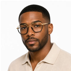 Man wearing College Fashion 66101 geometric square double bridge prescription eyeglasses in black and gold, front view