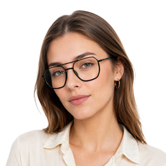 Woman wearing College Fashion 66101 geometric square double bridge prescription eyeglasses in black