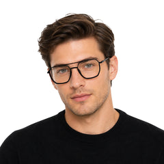 Man wearing College Fashion 66101 geometric square double bridge prescription eyeglasses in black