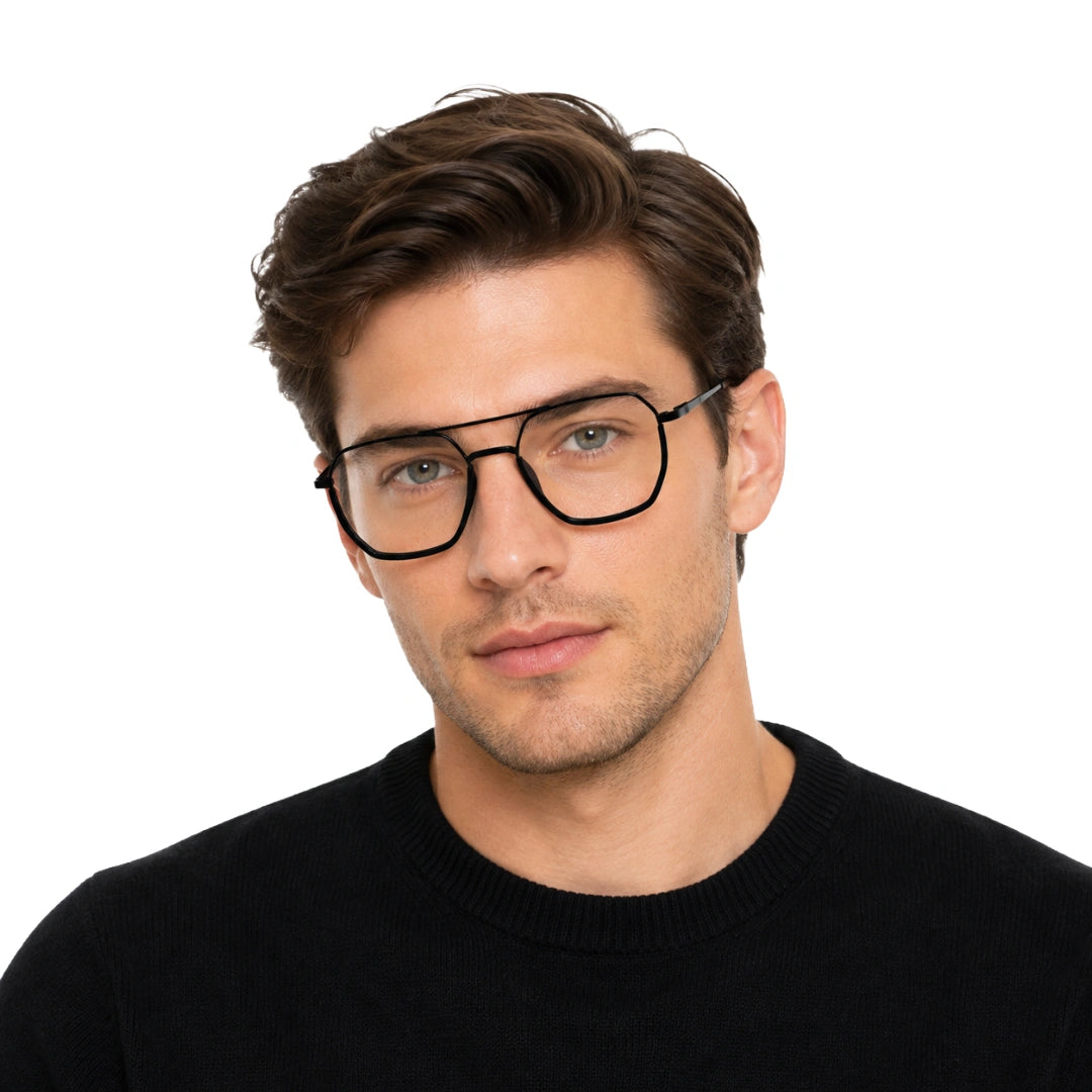 Man wearing College Fashion 66101 geometric square double bridge prescription eyeglasses in black