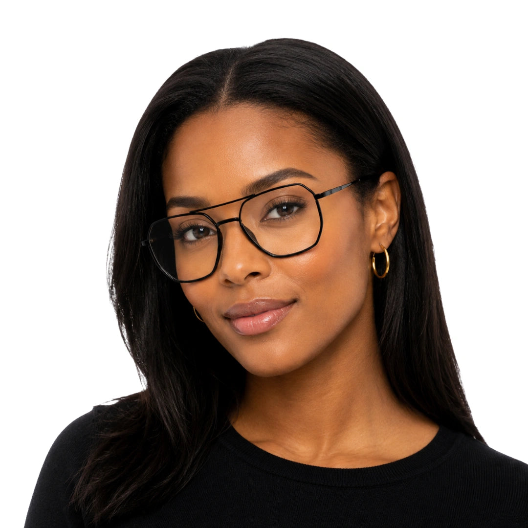 Woman wearing College Fashion 66101 geometric square double bridge prescription eyeglasses in black, front view