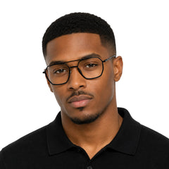 Man wearing College Fashion 66101 geometric square double bridge prescription eyeglasses in black, front view