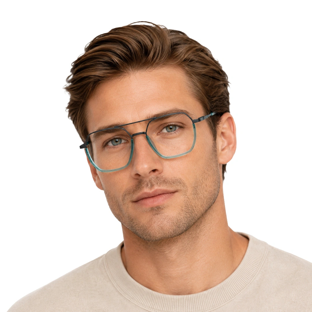 Man wearing College Fashion 66101 geometric square double bridge prescription eyeglasses in blue
