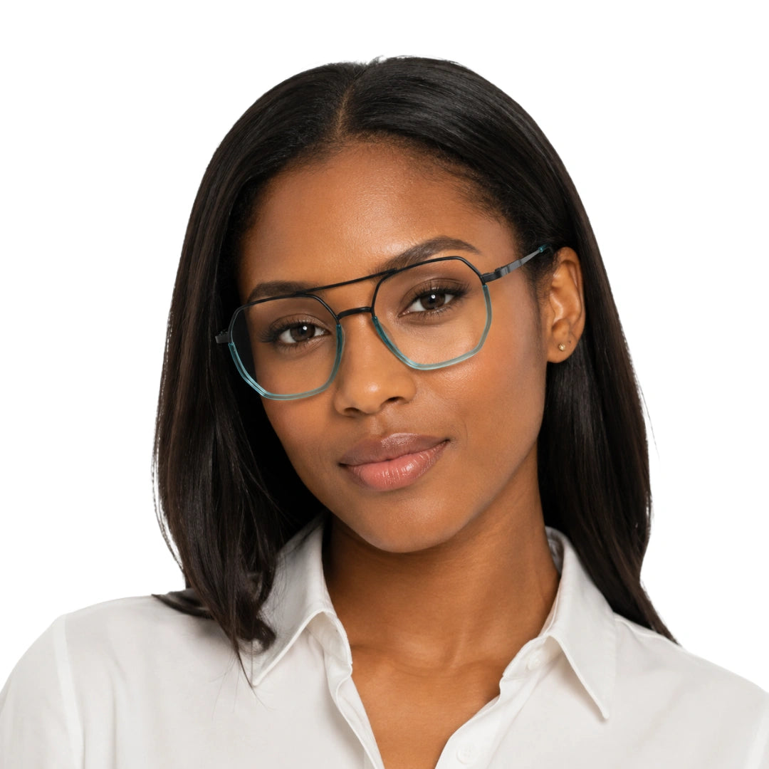 Woman wearing College Fashion 66101 geometric square double bridge prescription eyeglasses in blue, front view
