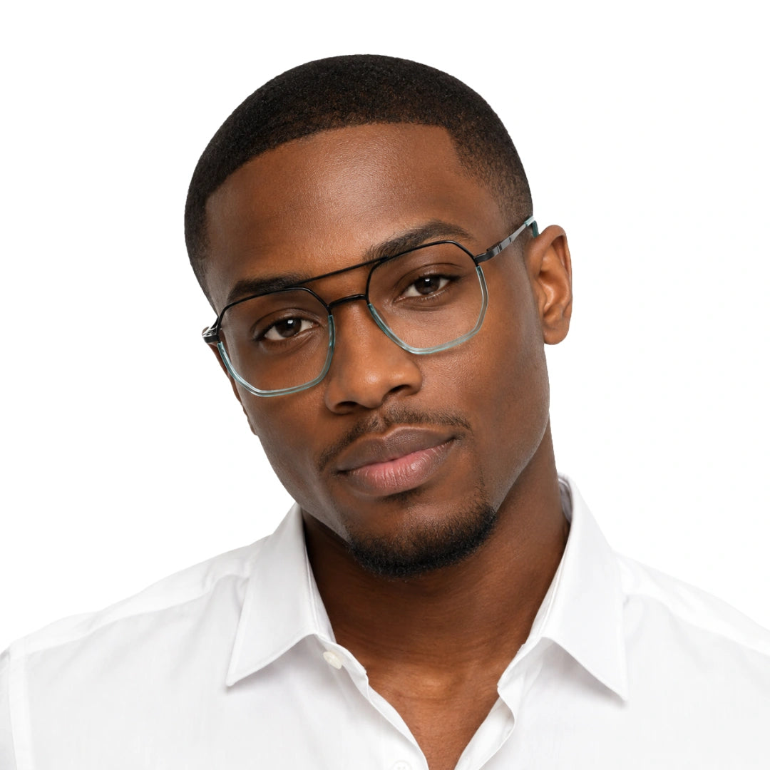 Man wearing College Fashion 66101 geometric square double bridge prescription eyeglasses in blue, front view
