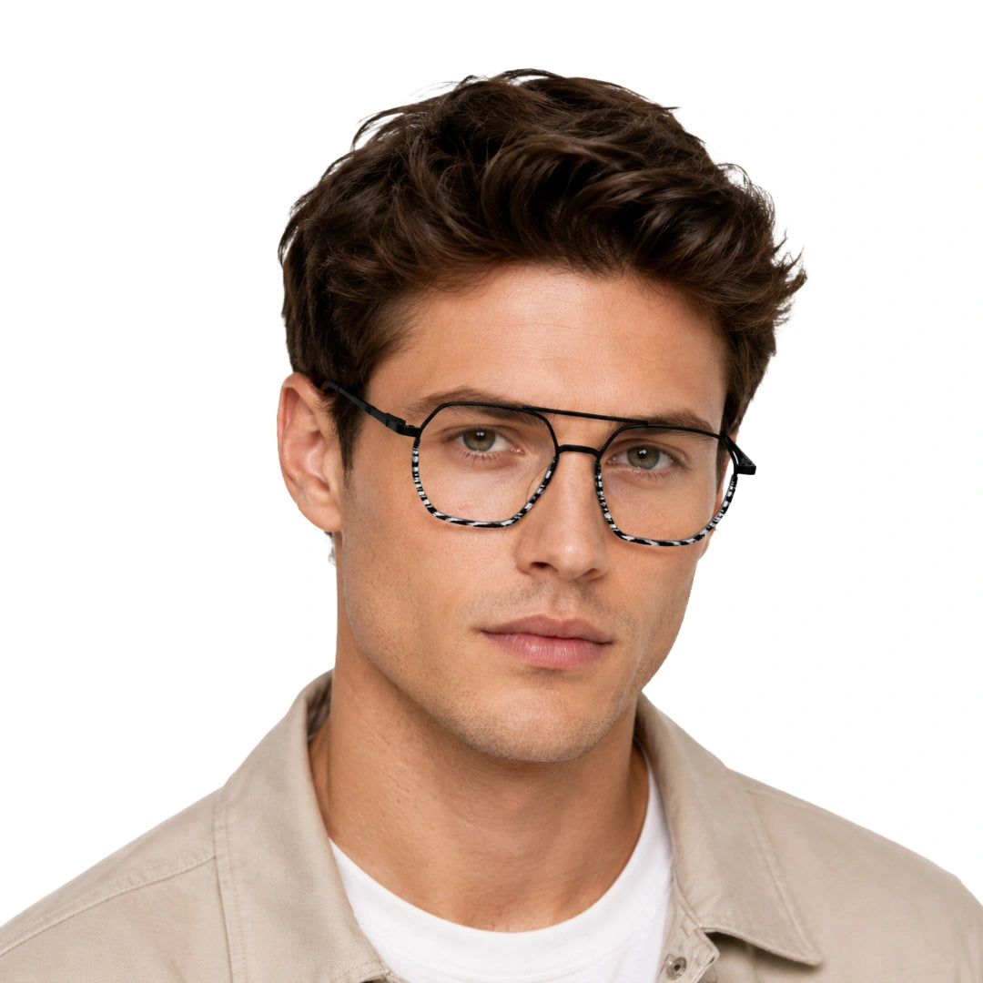 Man wearing College Fashion 66101 geometric square double bridge prescription eyeglasses in gradient black