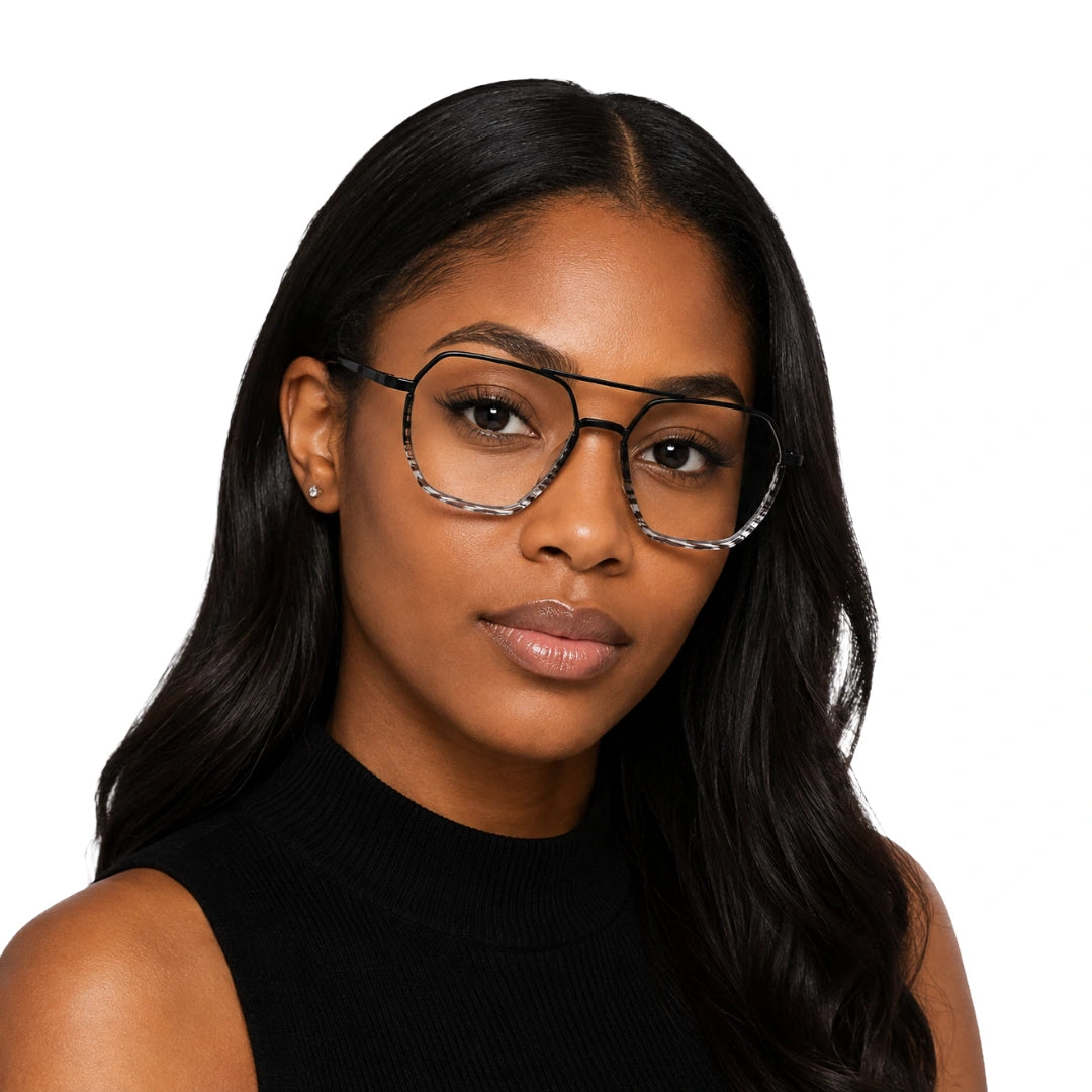 Woman wearing College Fashion 66101 geometric square double bridge prescription eyeglasses in gradient black, front view
