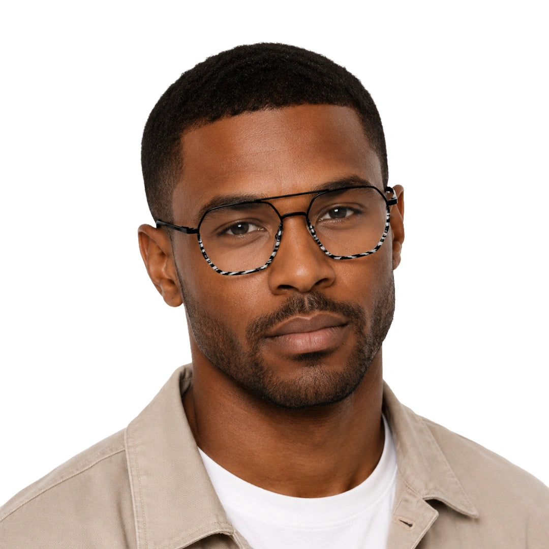 Man wearing College Fashion 66101 geometric square double bridge prescription eyeglasses in gradient black, front view