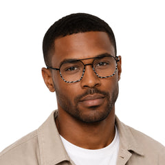 Man wearing College Fashion 66101 geometric square double bridge prescription eyeglasses in gradient black, front view
