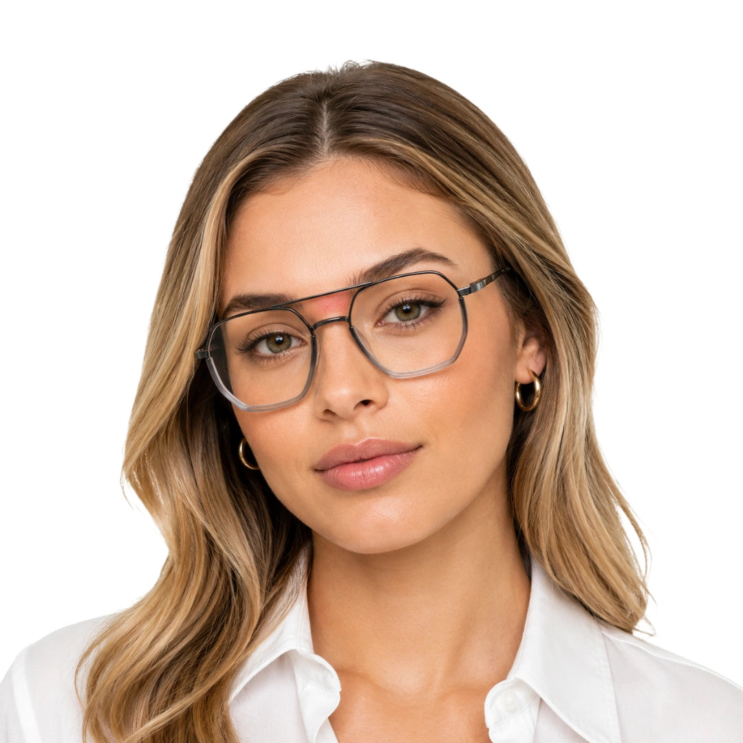 Woman wearing College Fashion 66101 geometric square double bridge prescription eyeglasses in grey