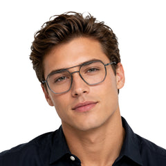 Man wearing College Fashion 66101 geometric square double bridge prescription eyeglasses in grey